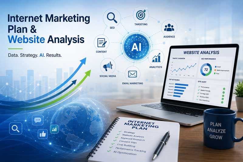 Illustration of Internet marketing plan and website analysis.
